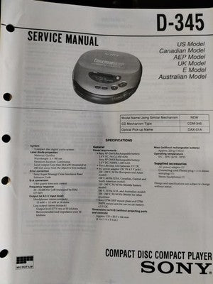 D-345 Discman Walkman CD Player - Genuine Sony Service Repair Manual — photo 1