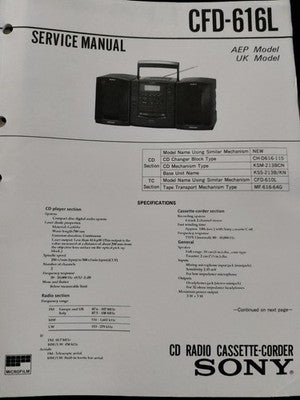 CFD-616L Portable Radio CD Cassette Stereo - Genuine Sony Service Repair Manual — photo 1
