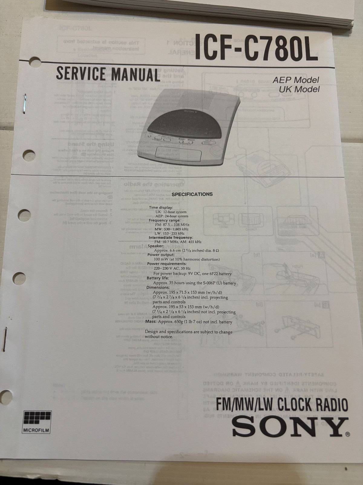 ICF-C780L Clock FM Radio - Genuine Sony Service Repair Manual — photo 1