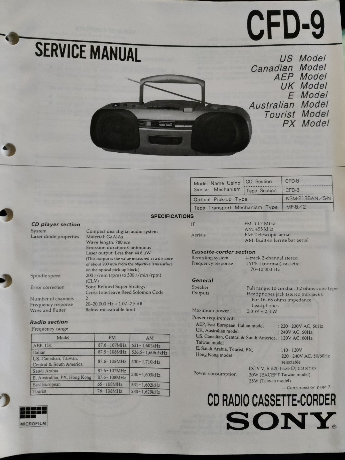 CFD-9 Portable Radio CD Cassette Stereo  - Genuine Sony Service Repair Manual — photo 1