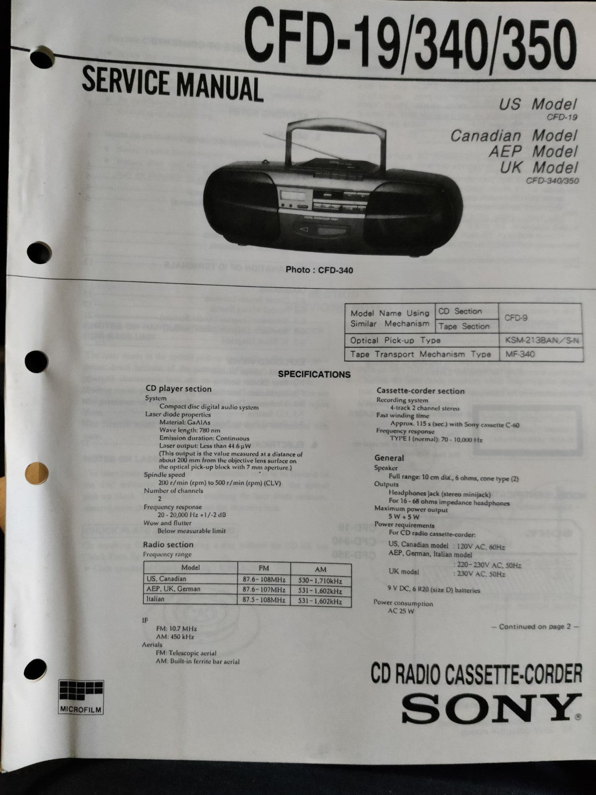 CFD-19/340/350 Portable Radio CD Cassette - Genuine Sony Service Repair Manual — photo 1