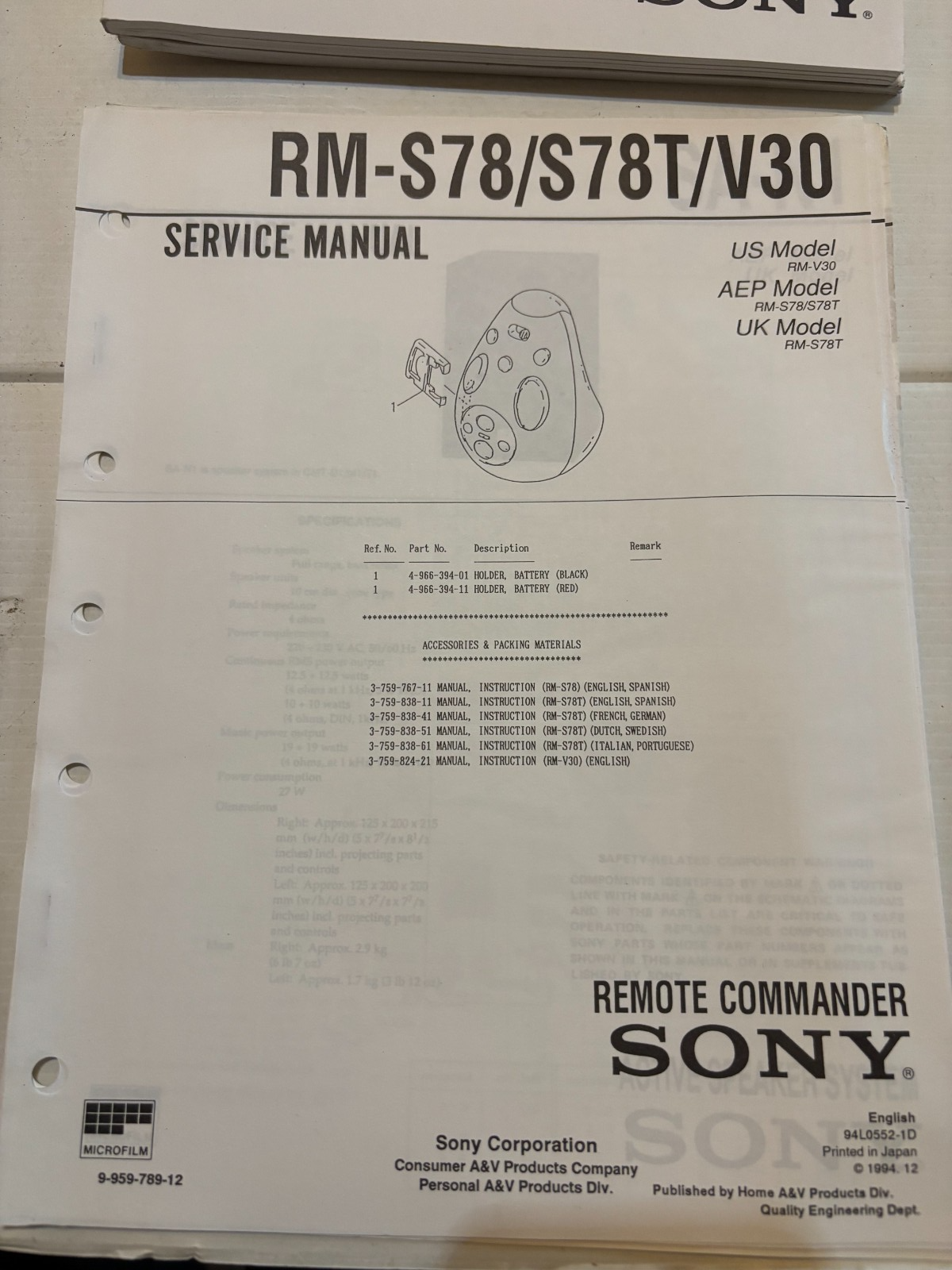 RM-S78/RM-S78T/RM-V30 Remote Commander - Genuine Sony Service Repair Manual — photo 1