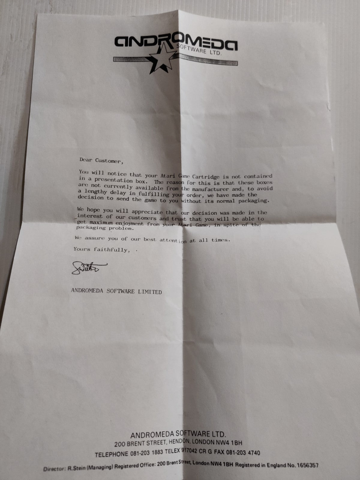 Letter From Andromeda Software Regarding Missing Packaging - Atari 2600 — photo 1
