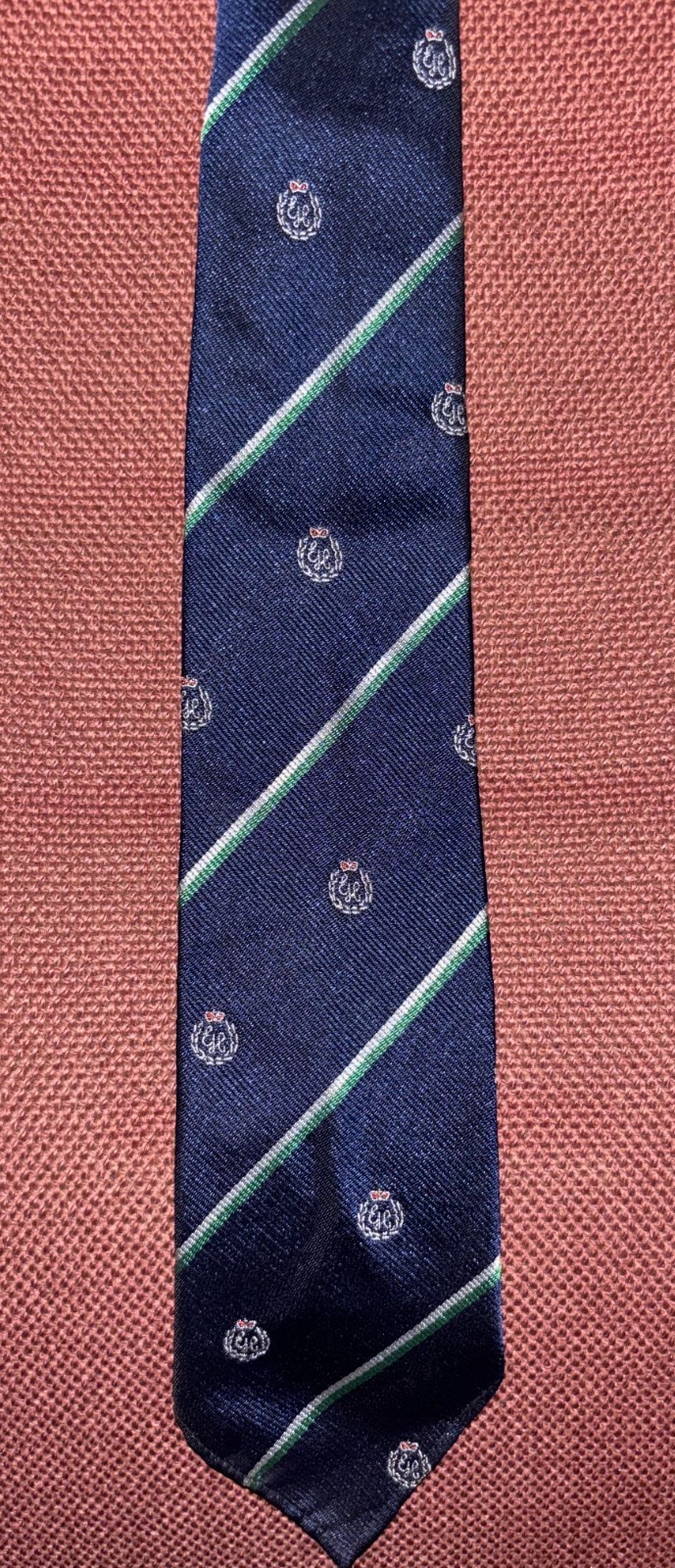 Vintage GE Monogram Crown Wreath Crest Club Necktie Navy Green Striped — photo 1