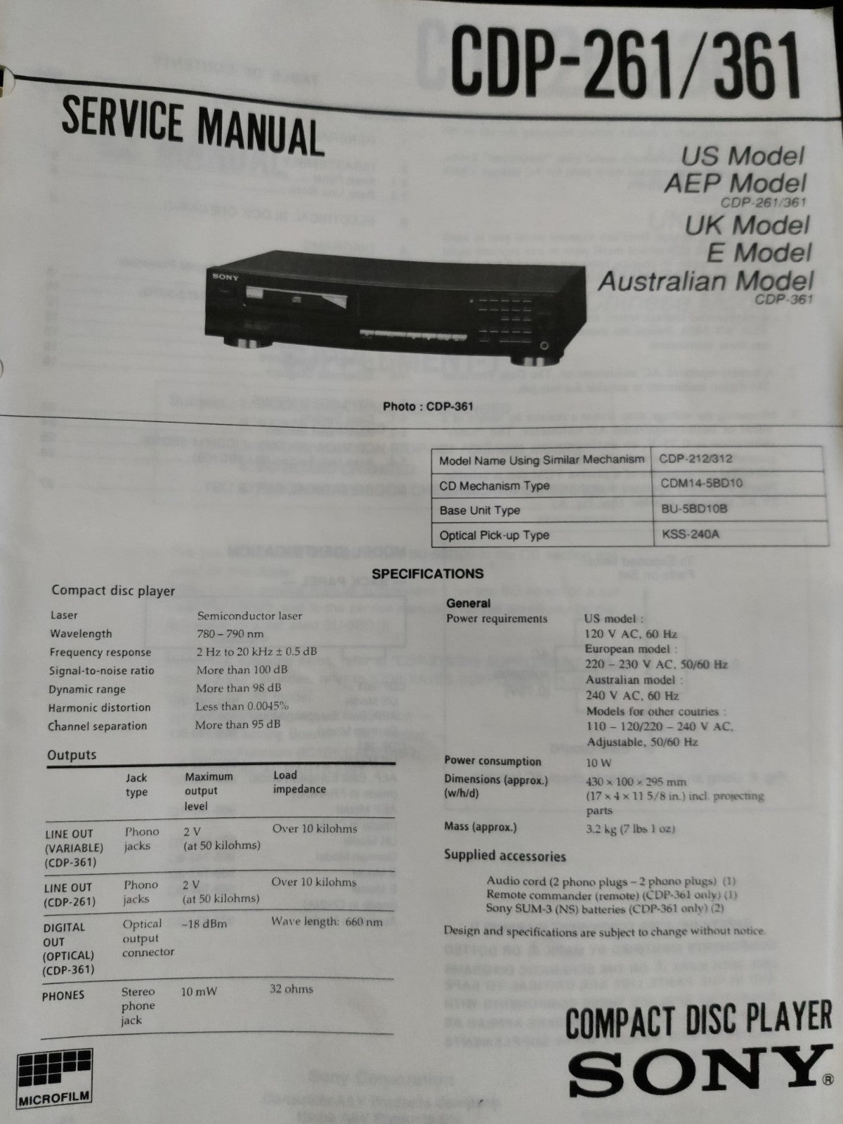 CDP-261/361 HiFi CD Player - Genuine Sony Service Repair Manual — photo 1