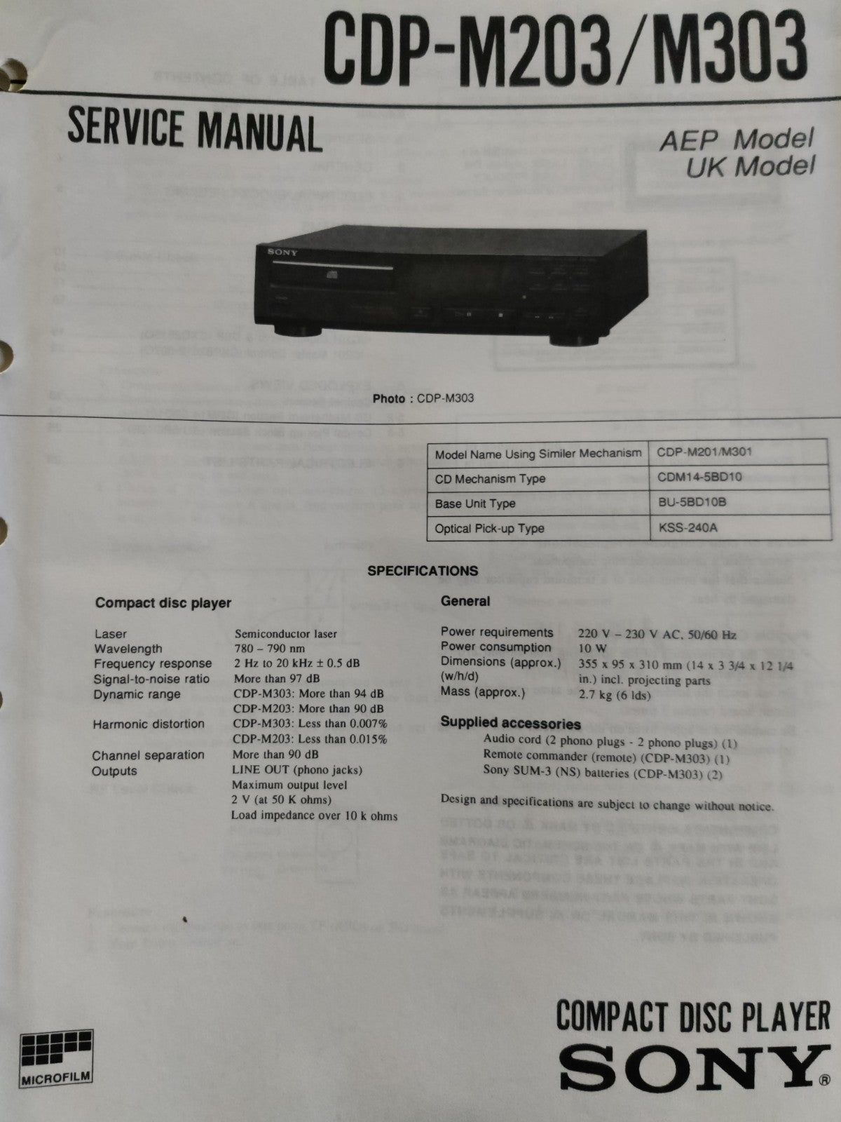 CDP-M203/M303 HiFi CD Player  - Genuine Sony Service Repair Manual — photo 1