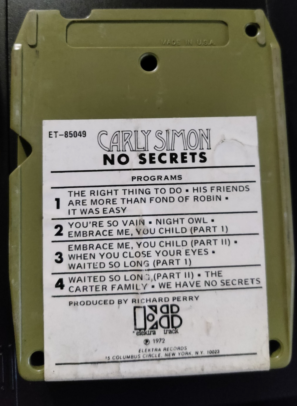 Carly Simon - No Secrets - 8 Track Tape Cartridge — photo 2
