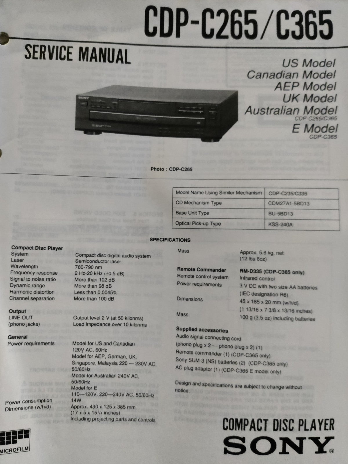 CDP-C265/C365 HiFi CD Player  - Genuine Sony Service Repair Manual — photo 1