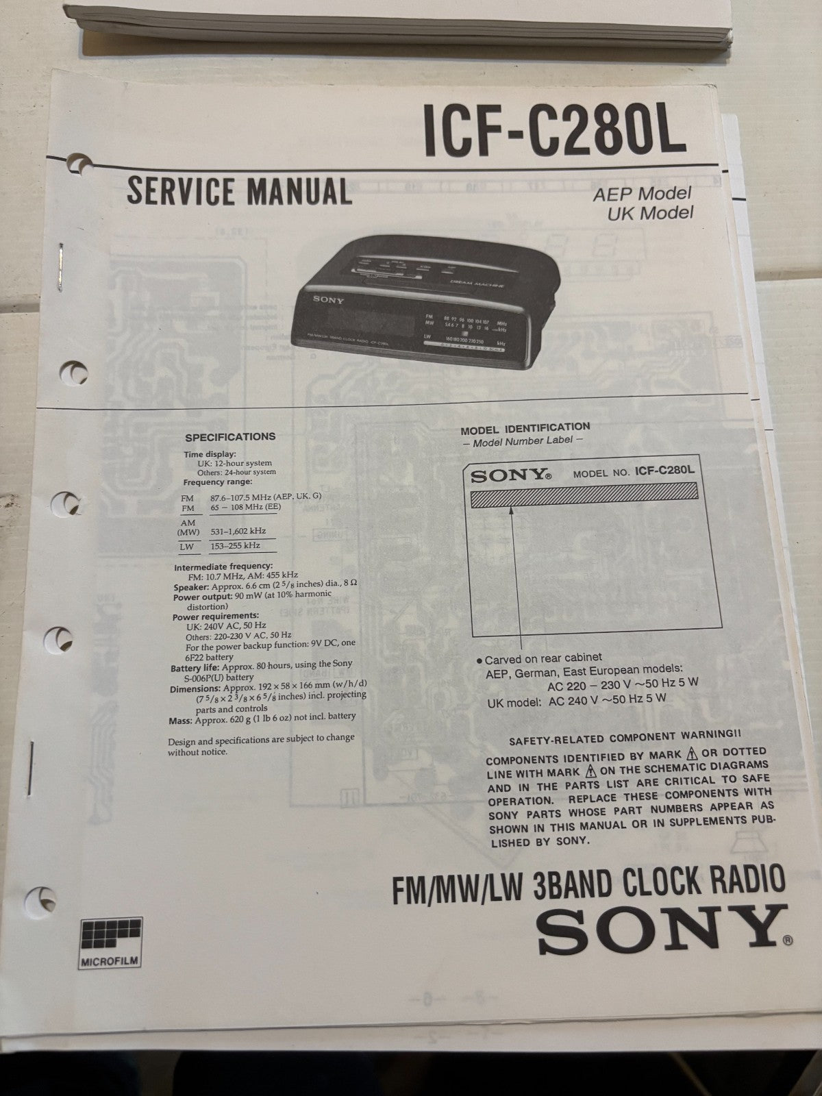 ICF-C280L Clock FM Radio - Genuine Sony Service Repair Manual — photo 1