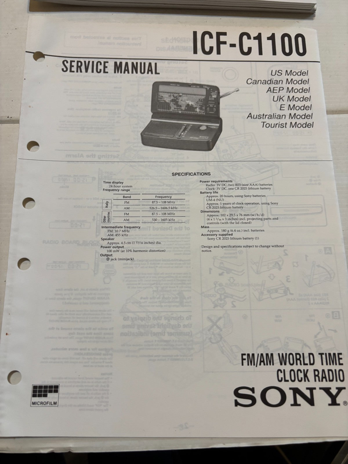 ICF-C1100 World Clock FM Radio - Genuine Sony Service Repair Manual — photo 1