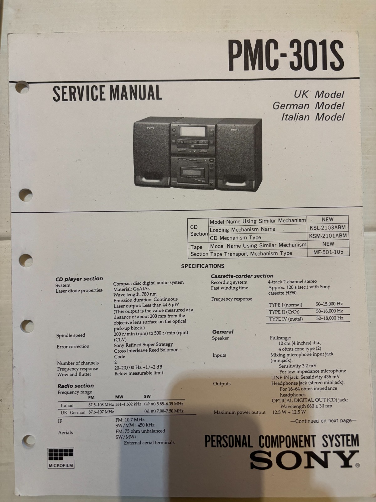 PMC-301S Mini Stereo HiFi System- Genuine Sony Service Repair Manual — photo 1