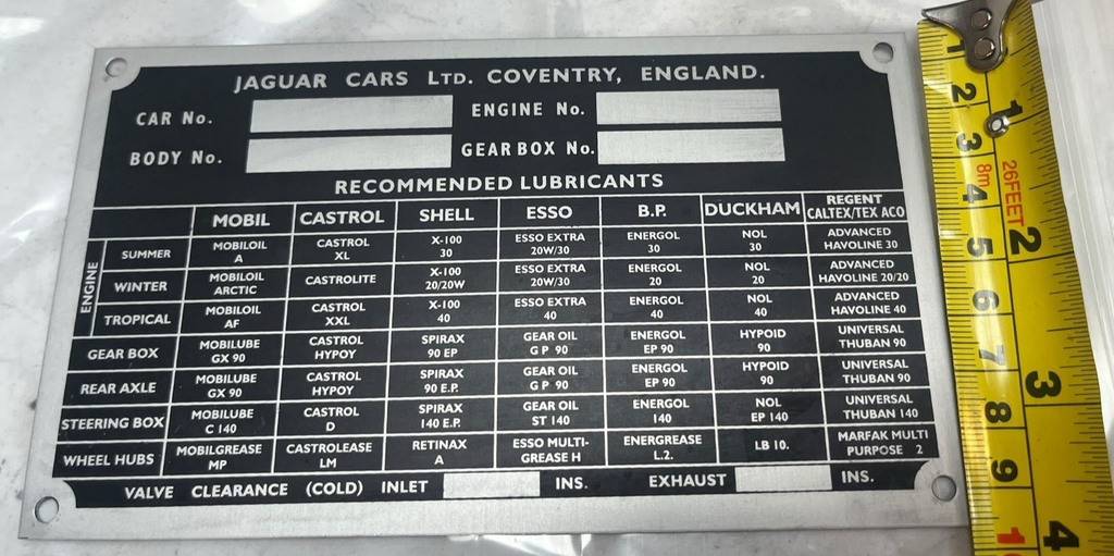 Jaguar Chassis Identification Lubricant Build Data Plate XK Mk VI VII IX C.2480 — photo 1