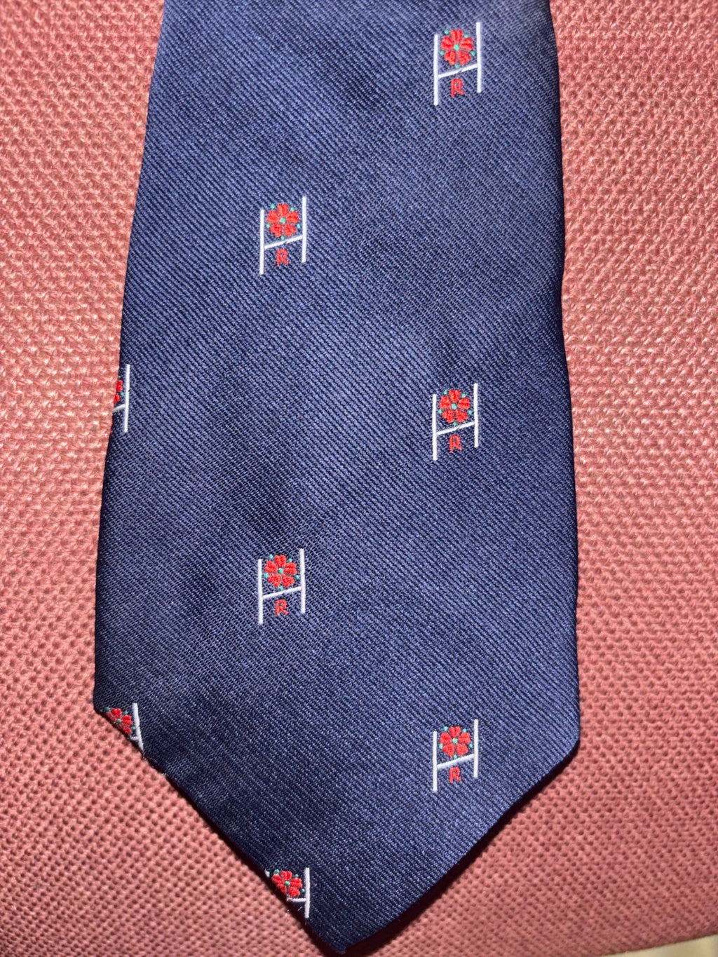 Vintage England Rugby Club Tie Goalposts Red Flower Poppy Motif Navy — photo 1