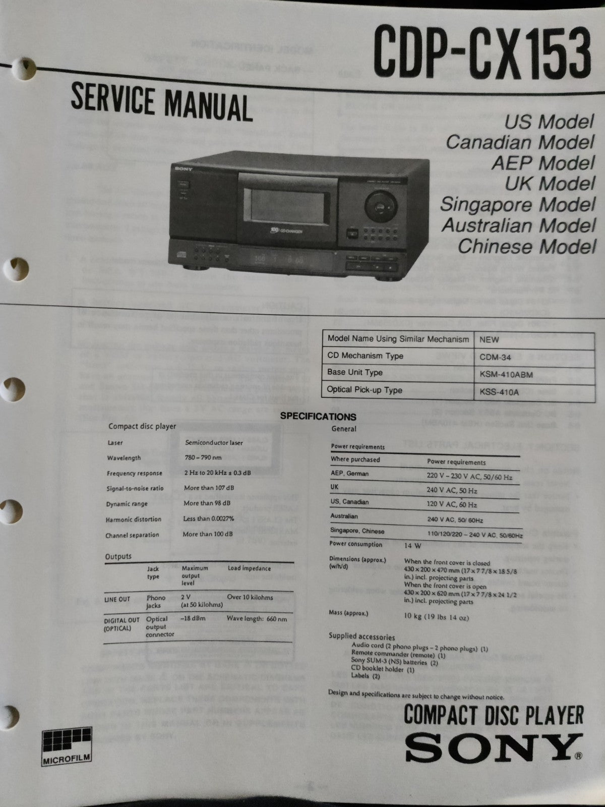 CDP-CX153 HiFi CD Player - Genuine Sony Service Repair Manual — photo 1