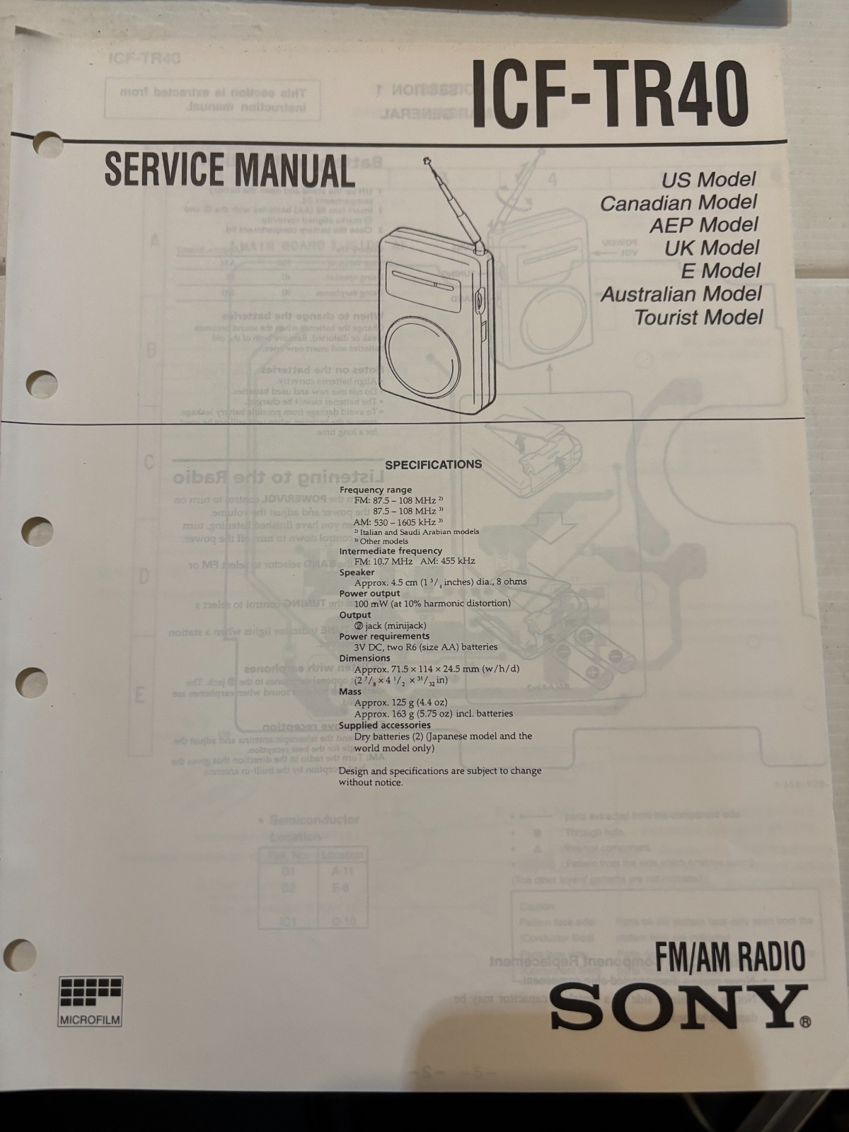 ICF-TR40 FM/AM Portable Radio - Genuine Sony Service Repair Manual — photo 1