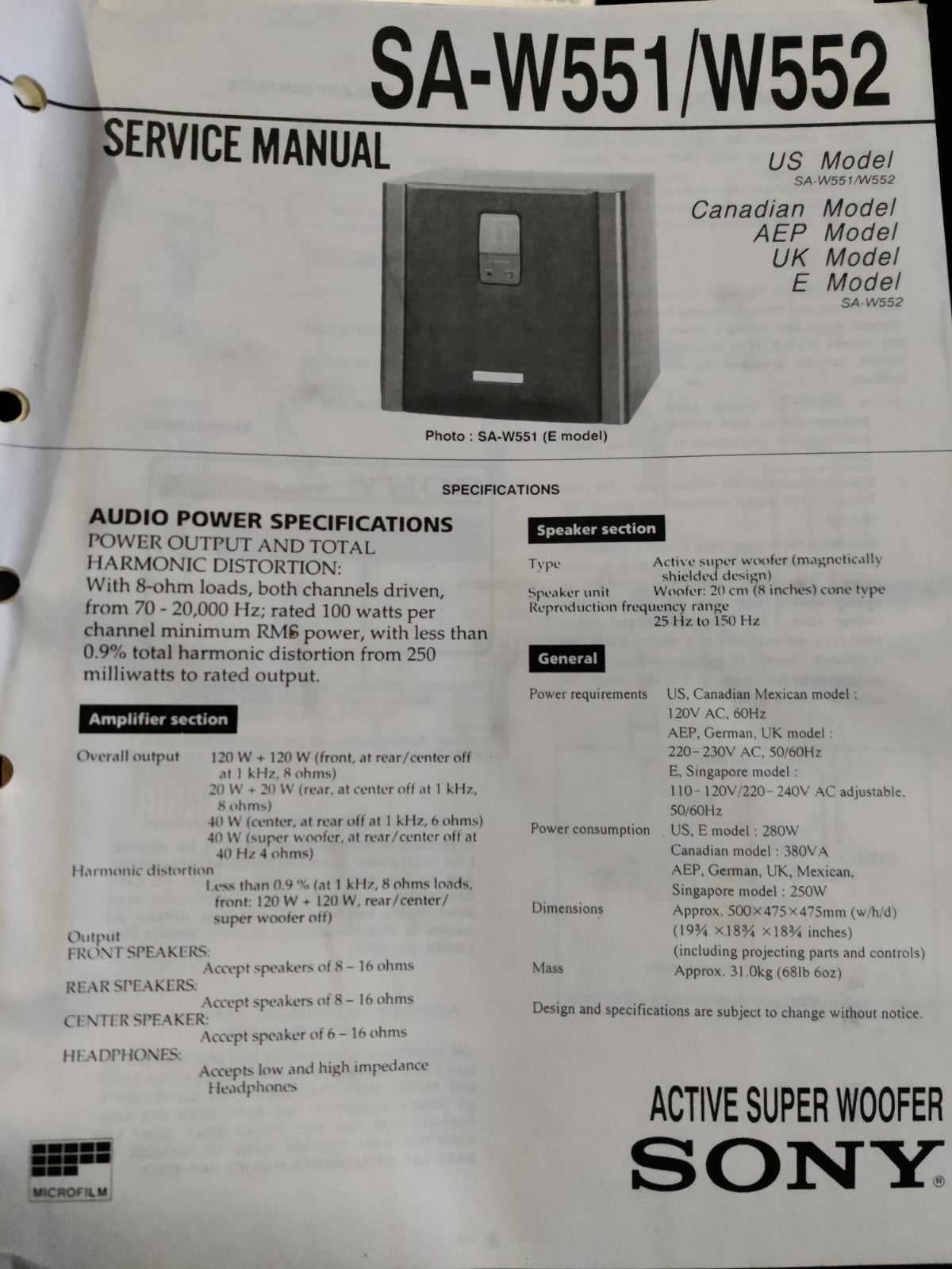 SA-W551/W552 Active Subwoofer - Genuine Sony Service Repair Manual — photo 1