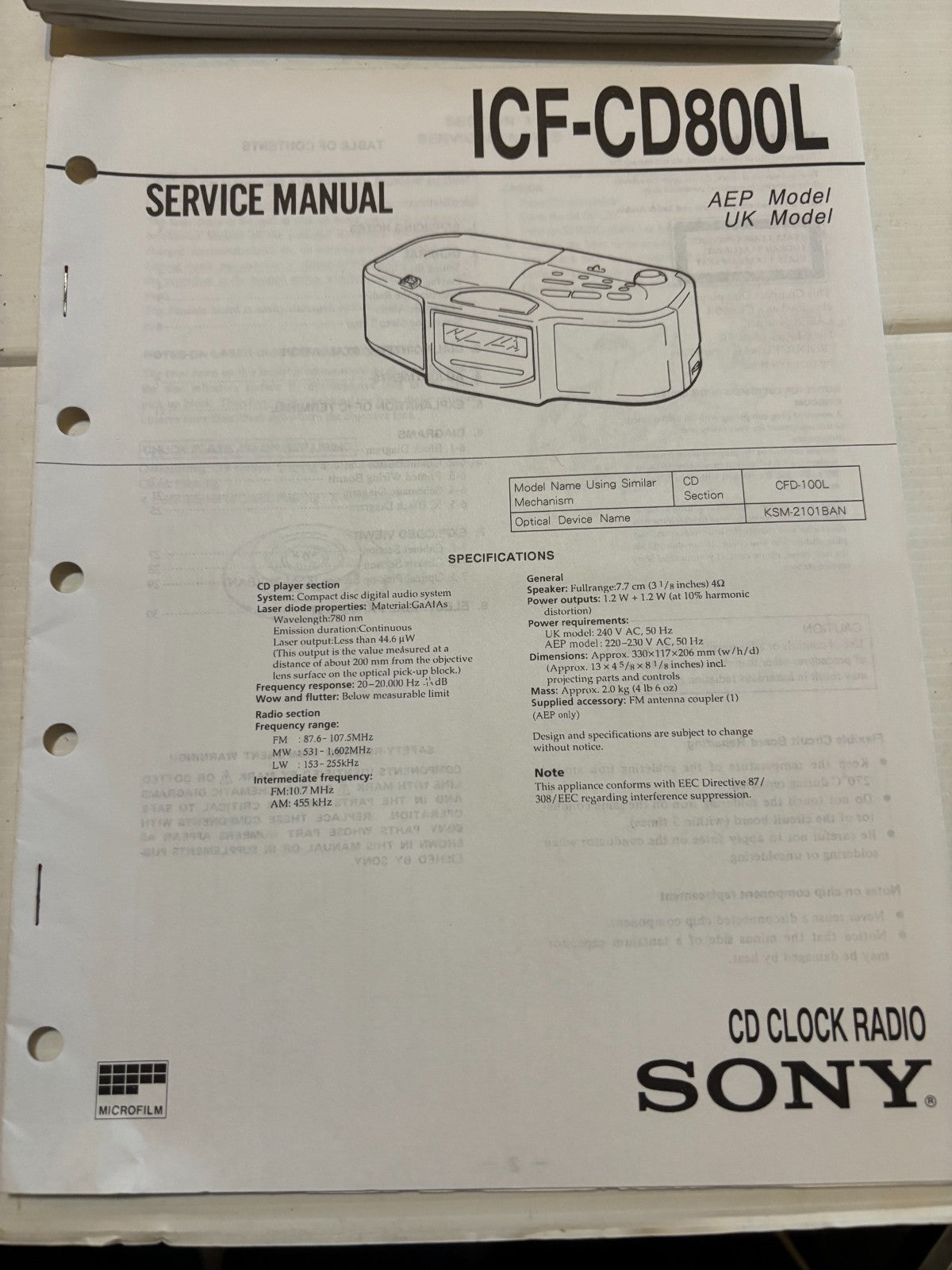 ICF-CD800L Clock FM Radio CD Player - Genuine Sony Service Repair Manual — photo 1