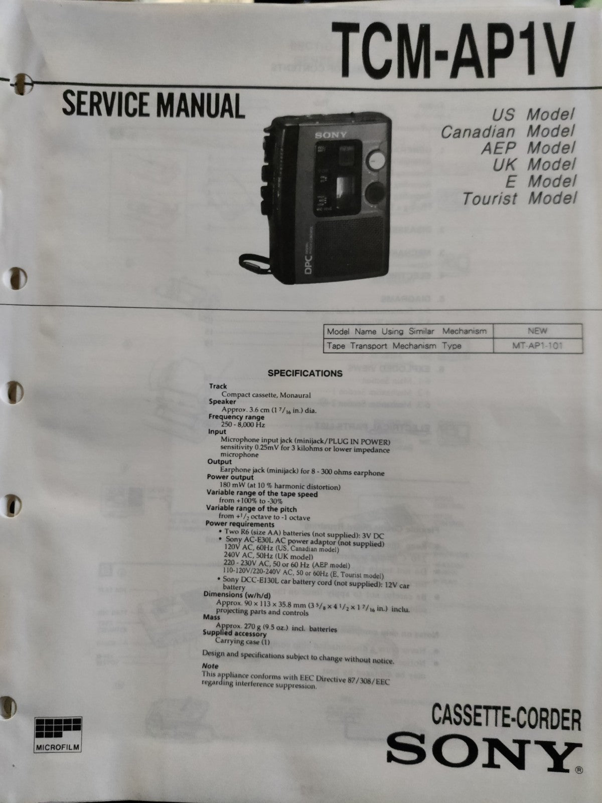 TCM-AP1V Cassette Recorder Walkman - Genuine Sony Service Repair Manual — photo 1
