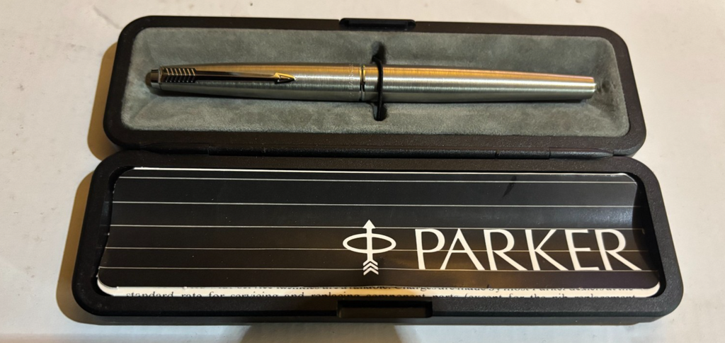 Vintage Parker 45 Flighter Fountain Pen - Brushed Steel - Chrome Trim - Boxed — photo 1