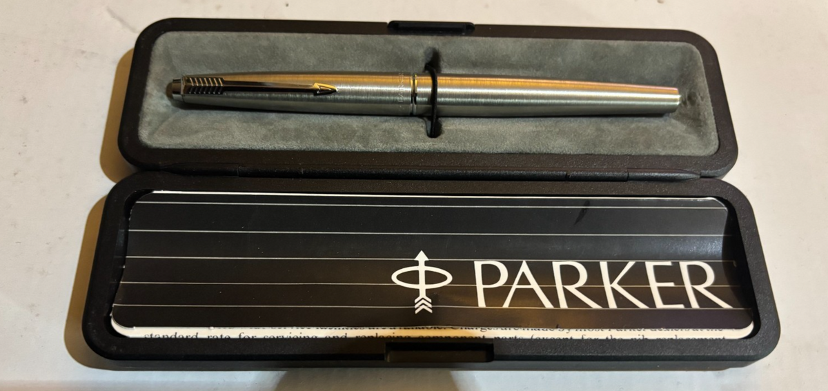 Vintage Parker 45 Flighter Fountain Pen - Brushed Steel - Chrome Trim - Boxed — photo 1