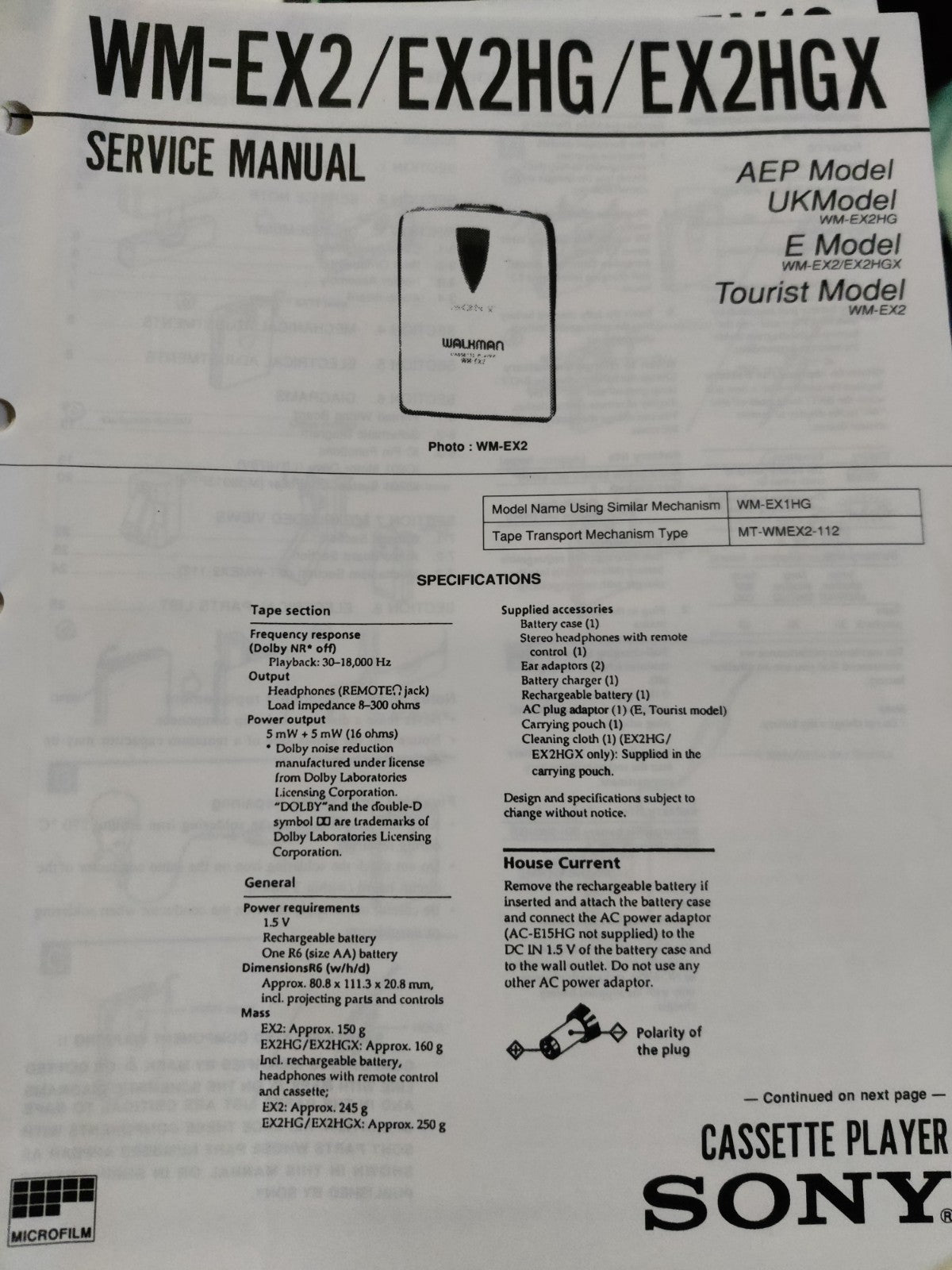 WM-EX2/EX2HG/EX2HGX Walkman Cassette Player - Genuine Sony Service Repair Manual — photo 1