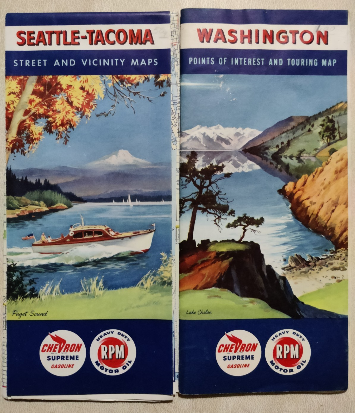 Chevron Supreme RPM Oil Seattle Tacoma Vintage USA American Classic Car Maps Lot — photo 1