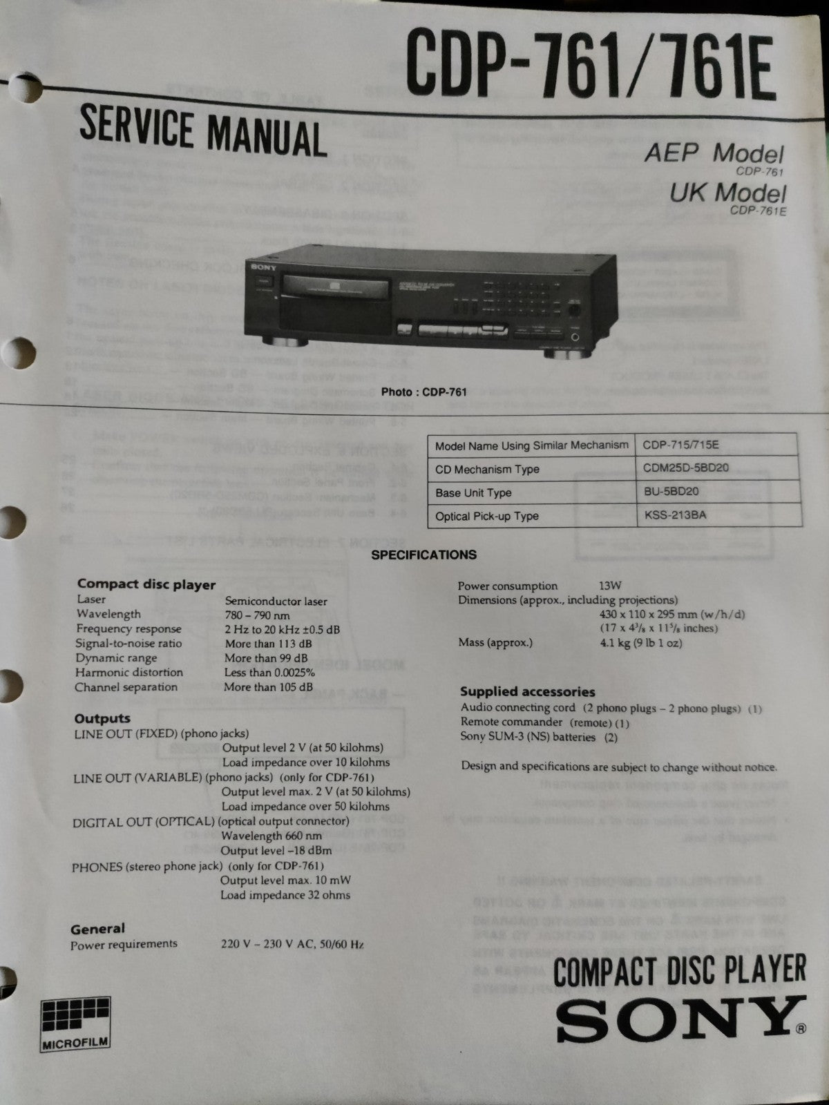 CDP-761/761E HiFi CD Player - Genuine Sony Service Repair Manual — photo 1