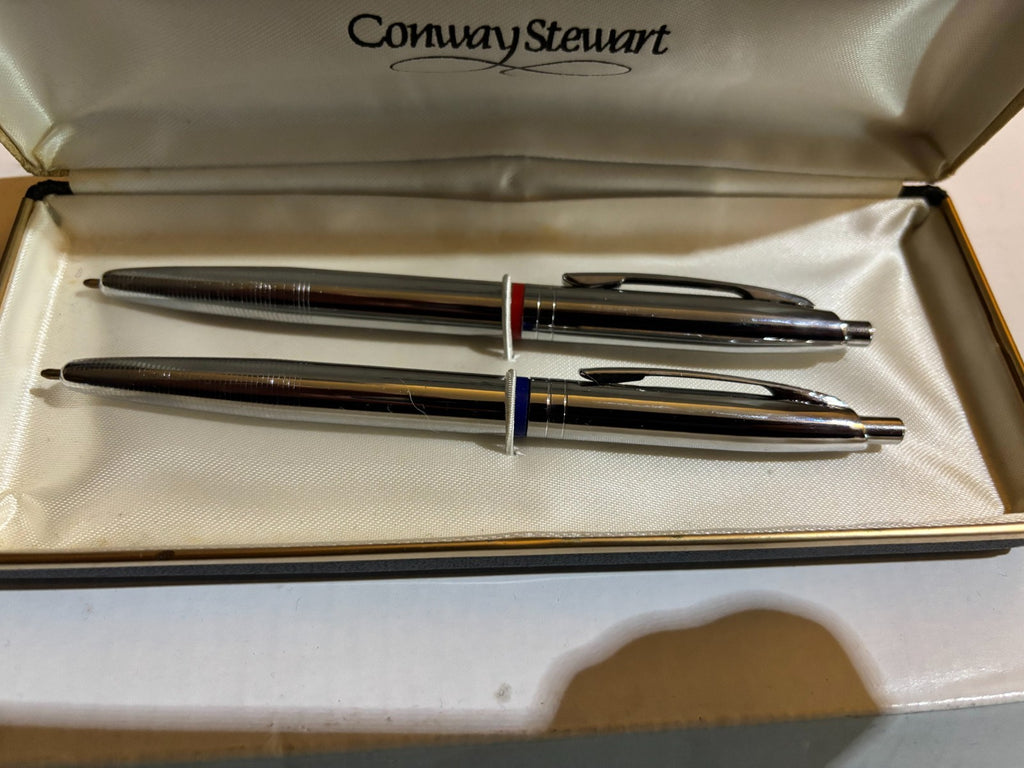 Vintage Conway Stewart Ballpoint Pen Set - Chrome Duo - Red & Blue Ink - Boxed — photo 3