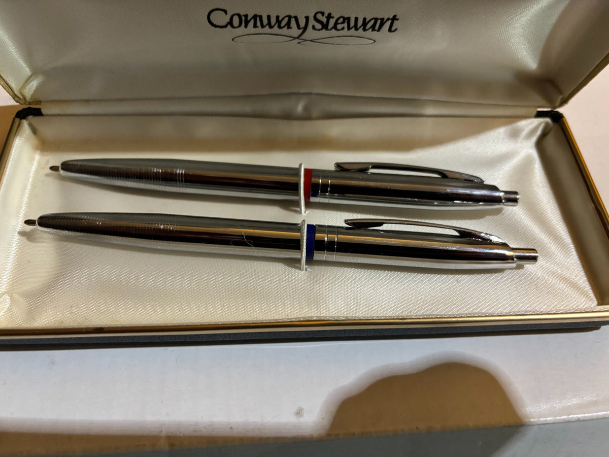 Vintage Conway Stewart Ballpoint Pen Set - Chrome Duo - Red & Blue Ink - Boxed — photo 3