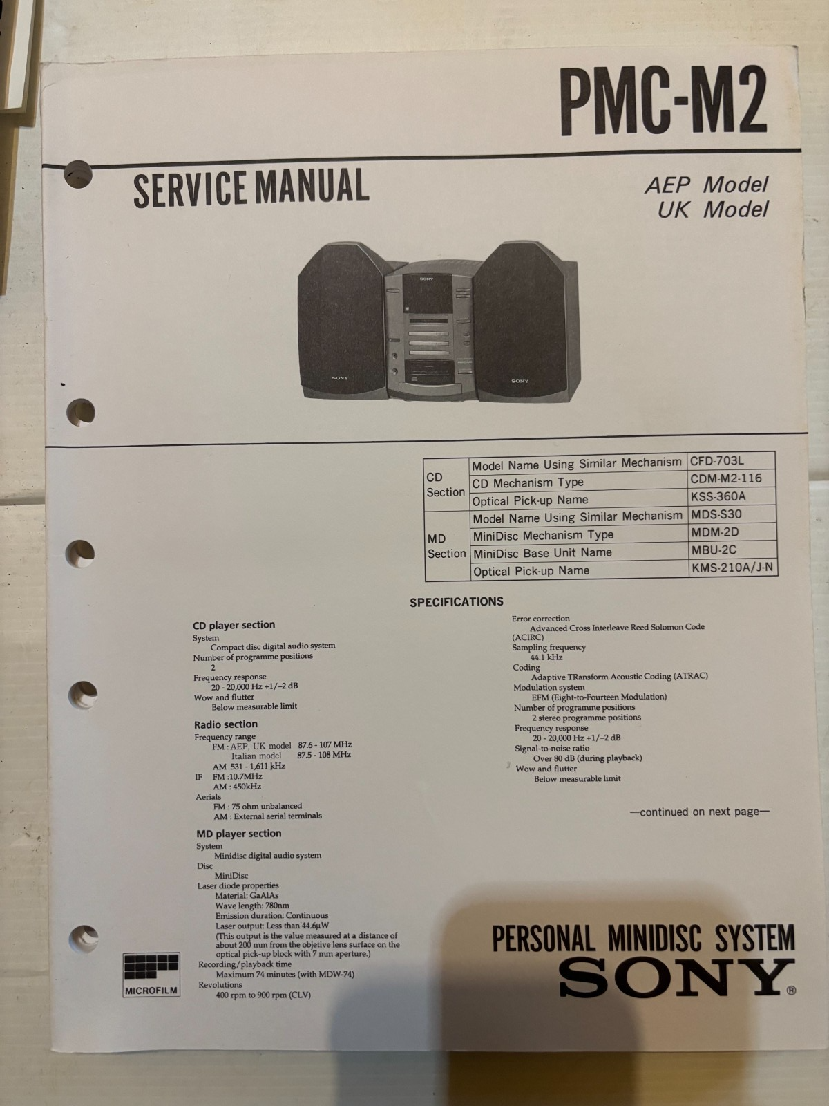 PMC-M2 Mini Stereo HiFi System - Genuine Sony Service Repair Manual — photo 1