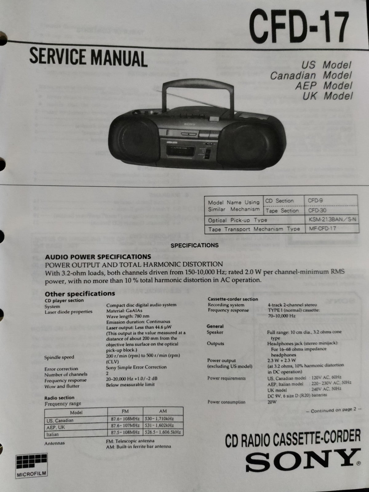 CFD-17 Portable Radio CD Cassette Stereo - Genuine Sony Service Repair Manual — photo 1