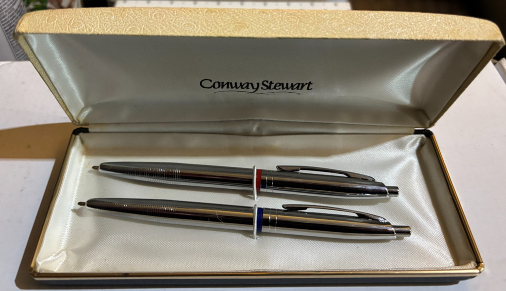 Vintage Conway Stewart Ballpoint Pen Set - Chrome Duo - Red & Blue Ink - Boxed — photo 1