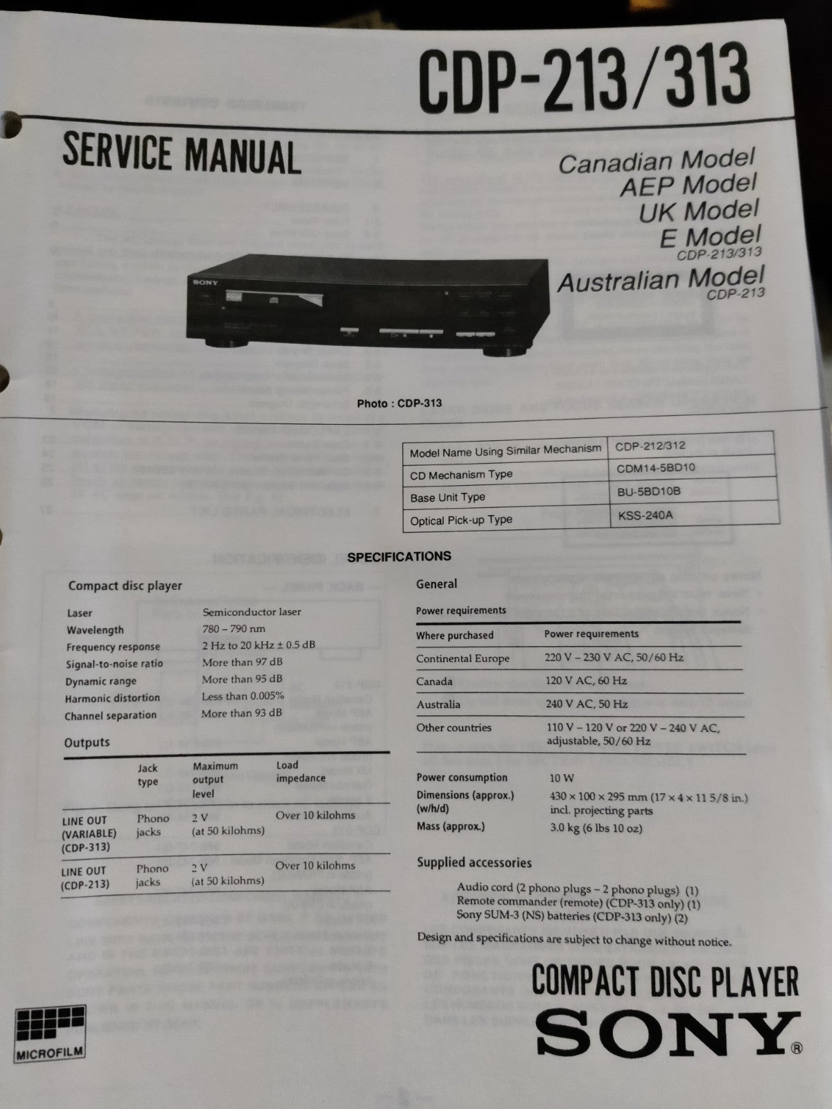 CDP-213/313 HiFi CD Player  - Genuine Sony Service Repair Manual — photo 1