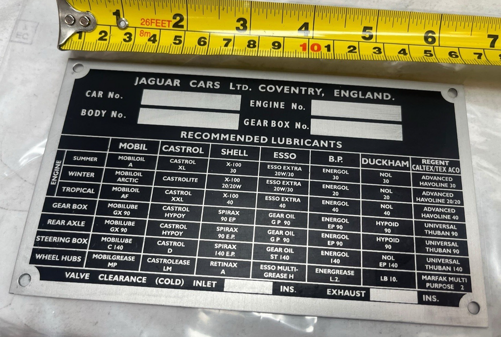 Jaguar Chassis Identification Lubricant Build Data Plate XK Mk VI VII IX C.2480 — photo 2