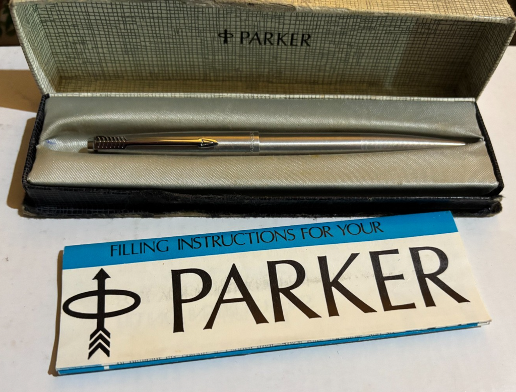 Vintage Parker 45 Flighter Ballpoint Pen - Brushed Steel & Chrome - Boxed & Pape — photo 1