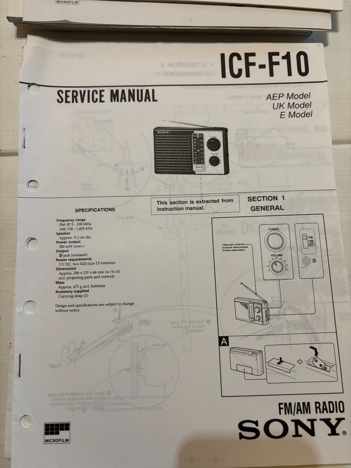 ICF-F10 Portable Radio FM/AM - Genuine Sony Service Repair Manual — photo 1
