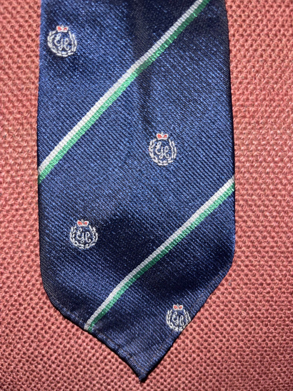 Vintage GE Monogram Crown Wreath Crest Club Necktie Navy Green Striped — photo 2