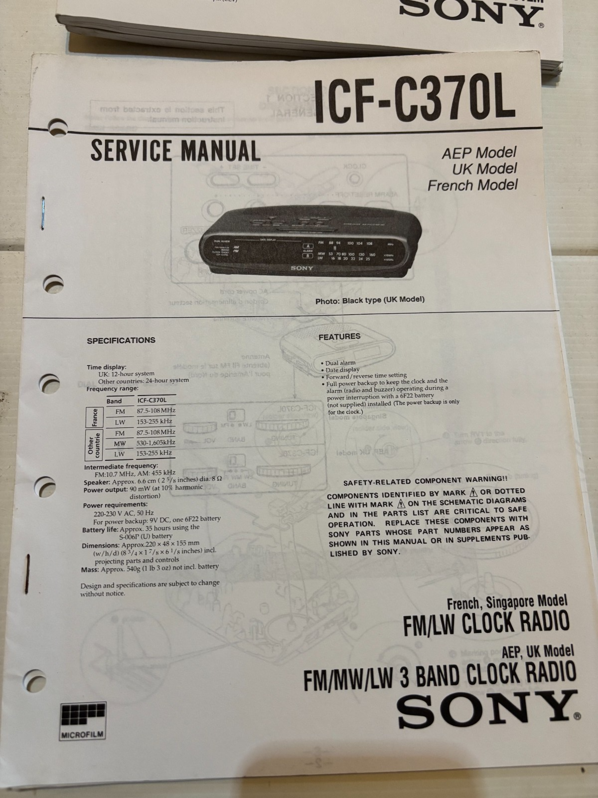 ICF-C370L Clock FM Radio - Genuine Sony Service Repair Manual — photo 1