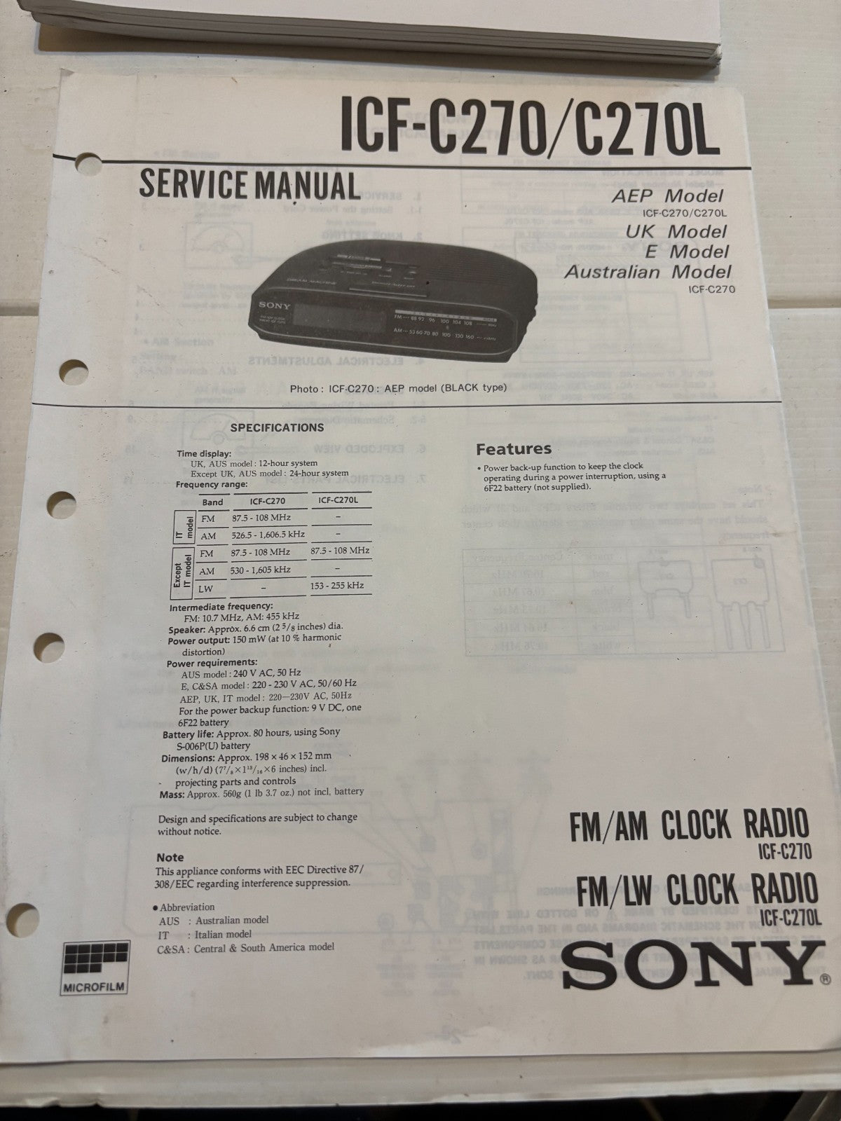 ICF-C270/ICF-C270L Clock FM Radio - Genuine Sony Service Repair Manual — photo 1