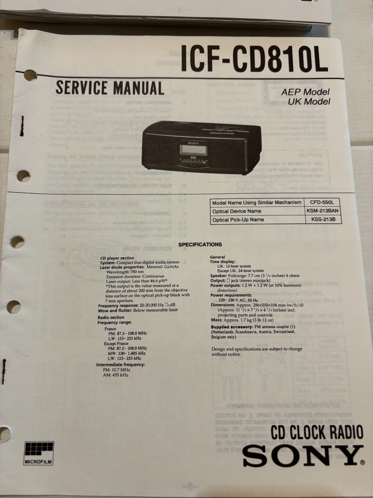 ICF-CD810L Clock FM Radio CD Player - Genuine Sony Service Repair Manual — photo 1