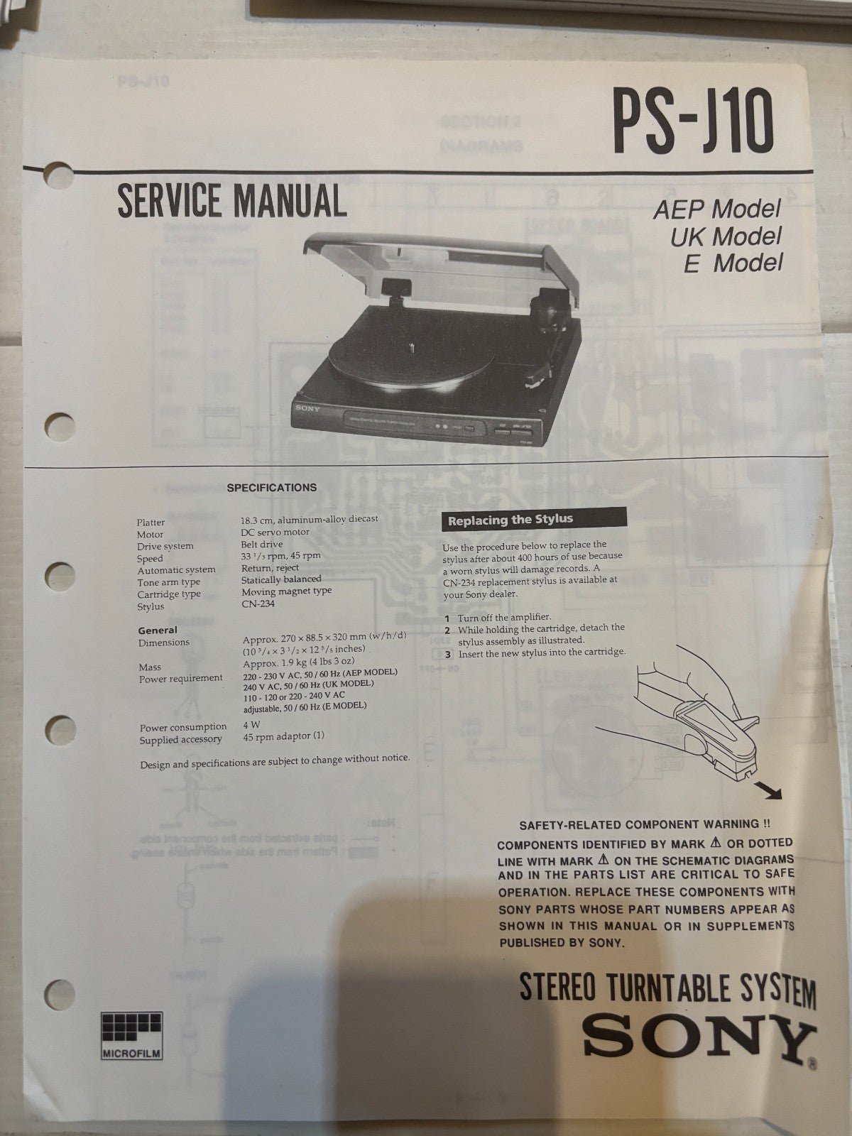 PS-J10 Vinyl Record Player Turntable - Genuine Sony Service Repair Manual — photo 1