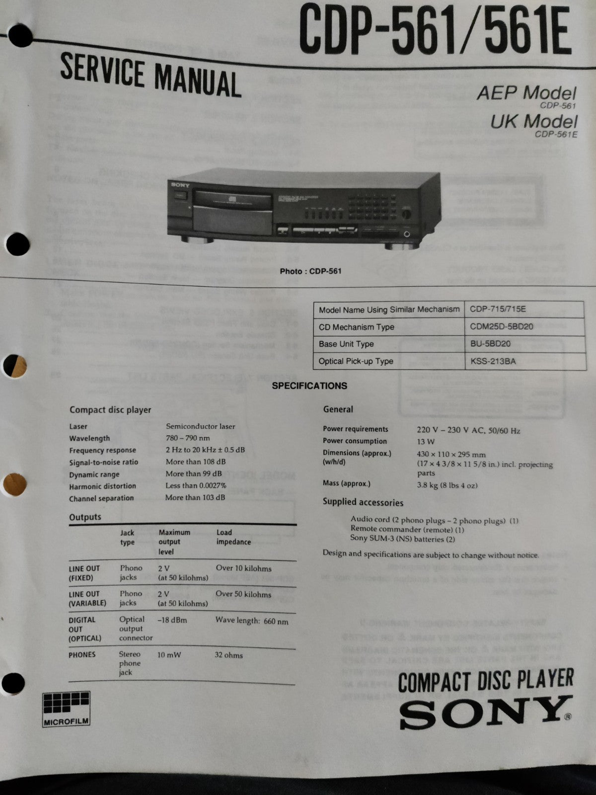 CDP-561/561E HiFi CD Player - Genuine Sony Service Repair Manual — photo 1